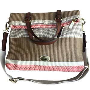 Fossil Explorer Foldover Straw and Leather Messenger Crossbody Tote Bag